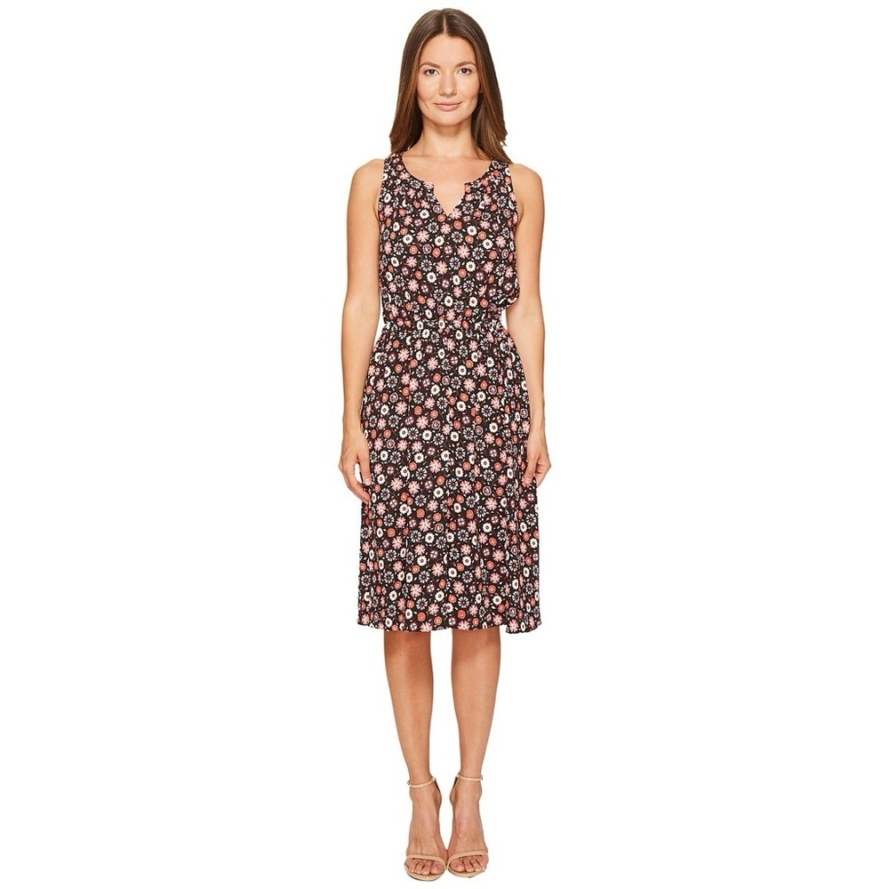 Kate Spade Casa Flora Midi Dress M Black Pink Floral Sleeveless Elastic Waist